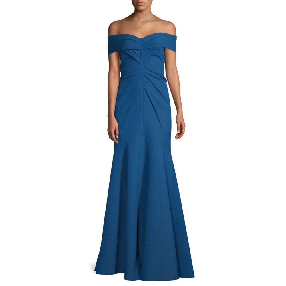 RENE RUIZ Teal Off the Shoulder Scuba Formal Gown